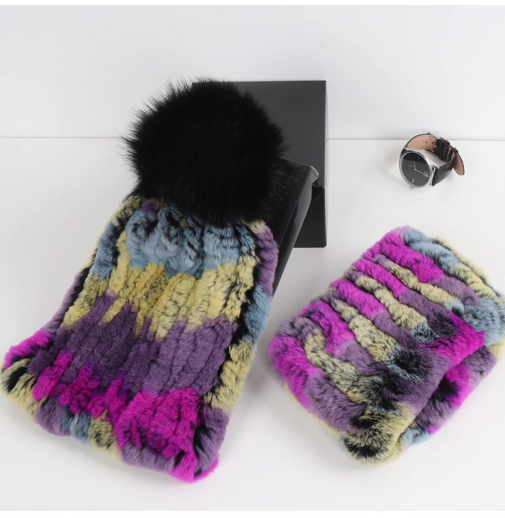 2026 New Fashion Knitted Good Elastic Real Fur Scarf Hat Sets Women Winter Warm 100% Natural Rex Rabbit Fur Scarves Hats Sets