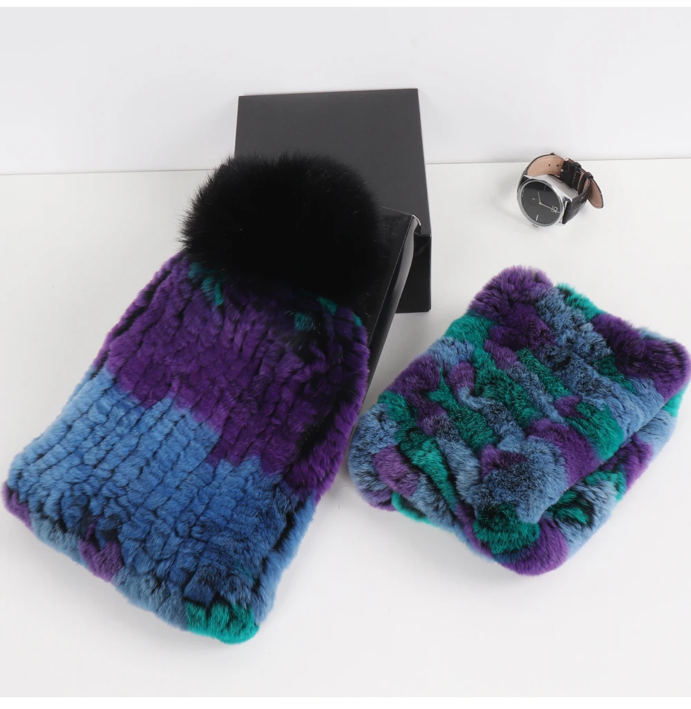 2026 New Fashion Knitted Good Elastic Real Fur Scarf Hat Sets Women Winter Warm 100% Natural Rex Rabbit Fur Scarves Hats Sets