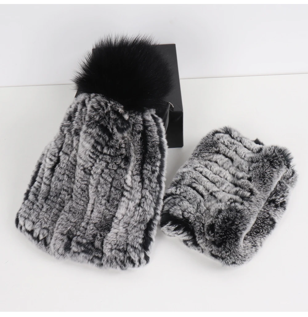 2026 New Fashion Knitted Good Elastic Real Fur Scarf Hat Sets Women Winter Warm 100% Natural Rex Rabbit Fur Scarves Hats Sets
