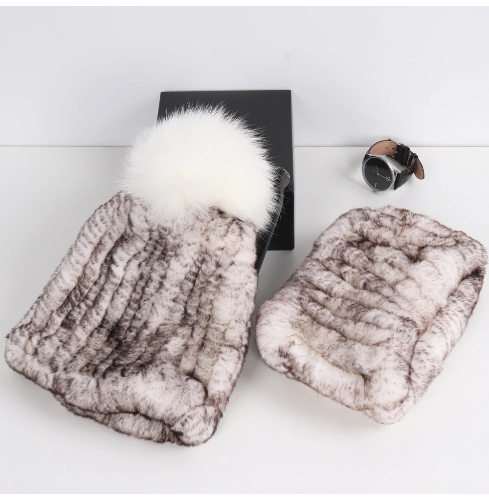 2026 New Fashion Knitted Good Elastic Real Fur Scarf Hat Sets Women Winter Warm 100% Natural Rex Rabbit Fur Scarves Hats Sets