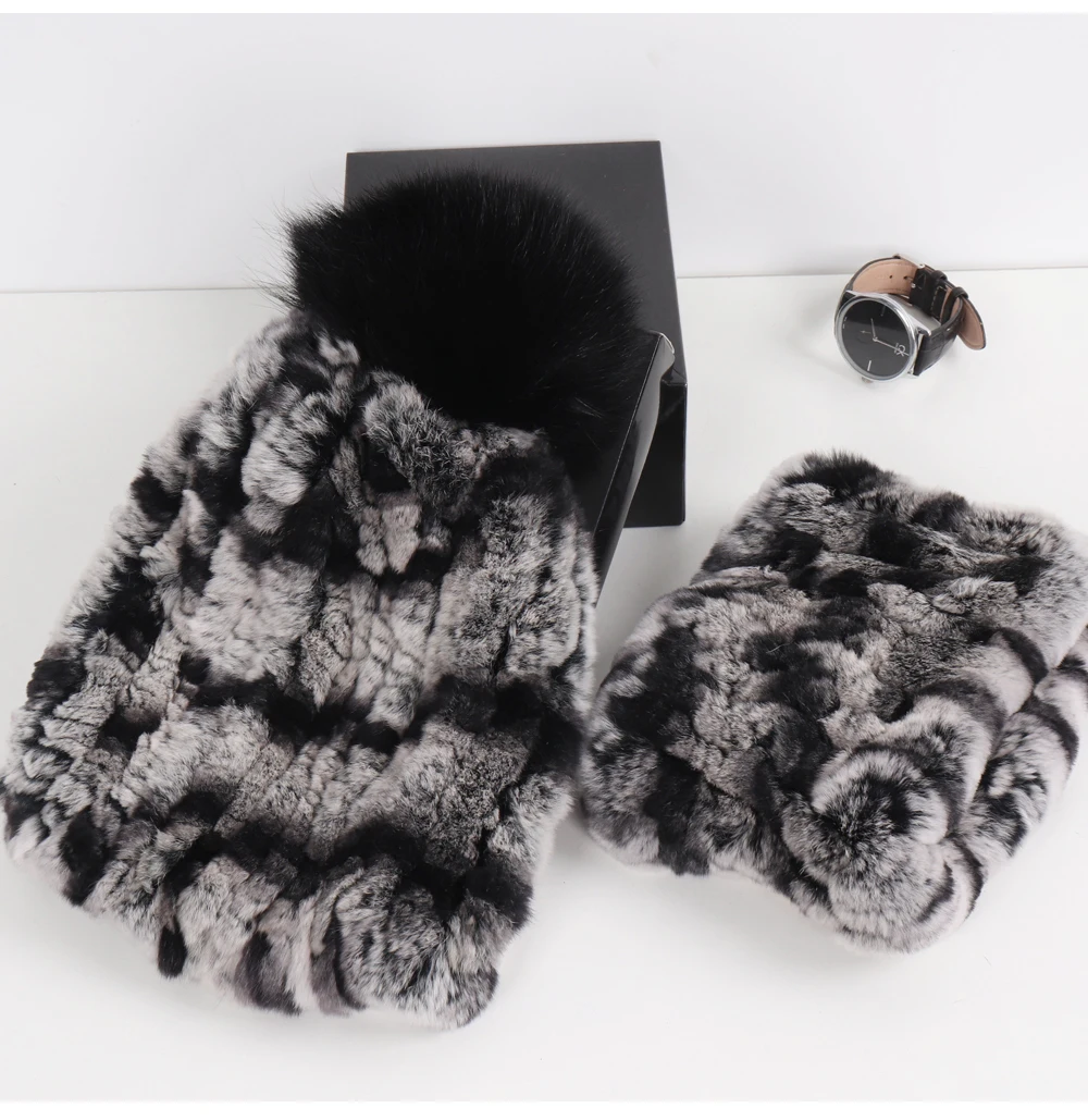 2026 New Fashion Knitted Good Elastic Real Fur Scarf Hat Sets Women Winter Warm 100% Natural Rex Rabbit Fur Scarves Hats Sets
