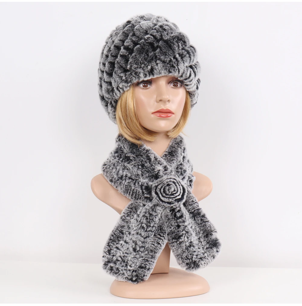 Winter Women Knitted Real Rex Rabbit Fur Hat Scarf Sets Natural Warm Fur Hats Scarves Lady Soft Real Rex Rabbit Fur Cap Muffler
