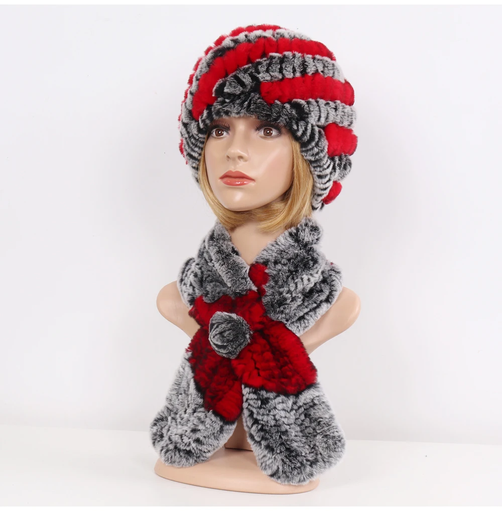Winter Women Knitted Real Rex Rabbit Fur Hat Scarf Sets Natural Warm Fur Hats Scarves Lady Soft Real Rex Rabbit Fur Cap Muffler