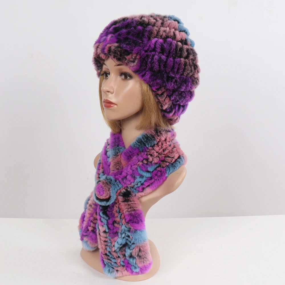 Winter Women Knitted Real Rex Rabbit Fur Hat Scarf Sets Natural Warm Fur Hats Scarves Lady Soft Real Rex Rabbit Fur Cap Muffler
