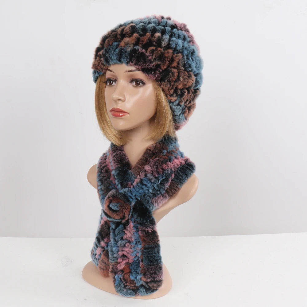 Winter Women Knitted Real Rex Rabbit Fur Hat Scarf Sets Natural Warm Fur Hats Scarves Lady Soft Real Rex Rabbit Fur Cap Muffler
