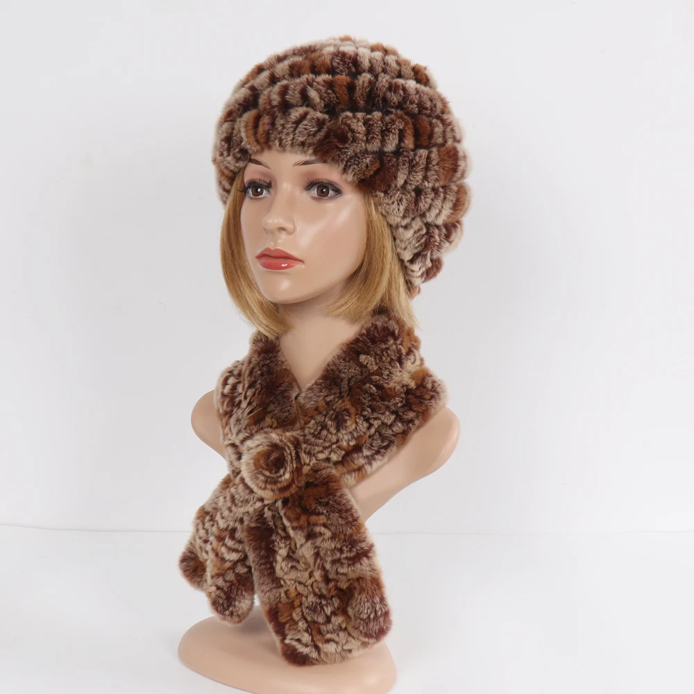 Winter Women Knitted Real Rex Rabbit Fur Hat Scarf Sets Natural Warm Fur Hats Scarves Lady Soft Real Rex Rabbit Fur Cap Muffler