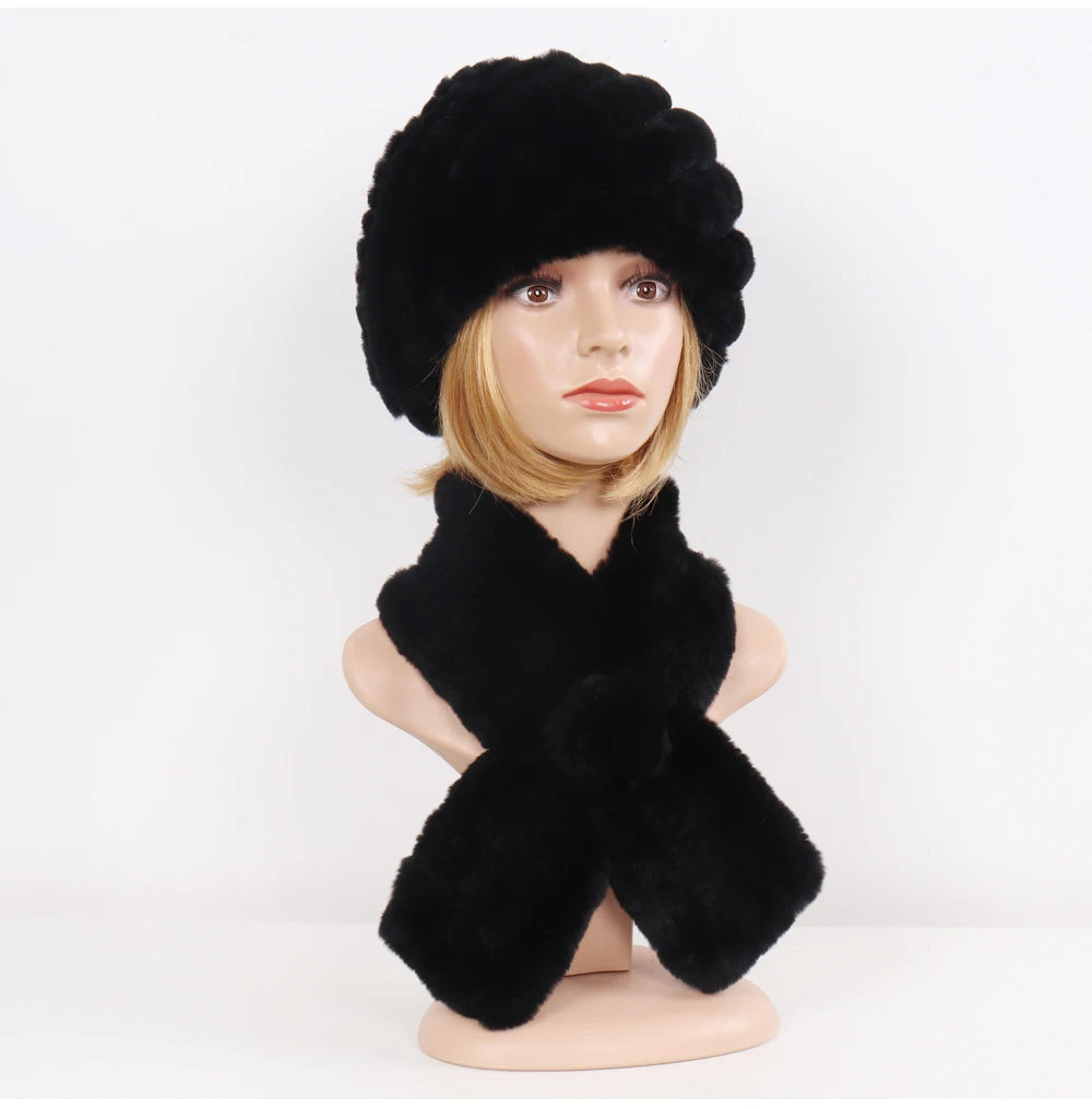 Winter Women Knitted Real Rex Rabbit Fur Hat Scarf Sets Natural Warm Fur Hats Scarves Lady Soft Real Rex Rabbit Fur Cap Muffler