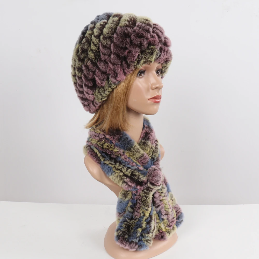 Winter Women Knitted Real Rex Rabbit Fur Hat Scarf Sets Natural Warm Fur Hats Scarves Lady Soft Real Rex Rabbit Fur Cap Muffler