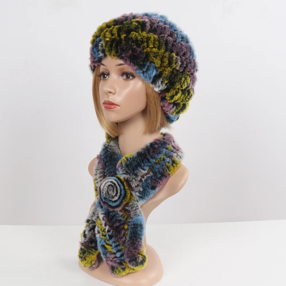 Winter Women Knitted Real Rex Rabbit Fur Hat Scarf Sets Natural Warm Fur Hats Scarves Lady Soft Real Rex Rabbit Fur Cap Muffler