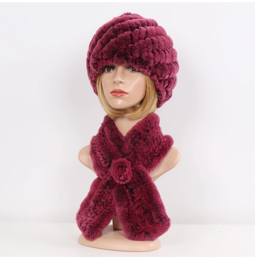 Winter Women Knitted Real Rex Rabbit Fur Hat Scarf Sets Natural Warm Fur Hats Scarves Lady Soft Real Rex Rabbit Fur Cap Muffler