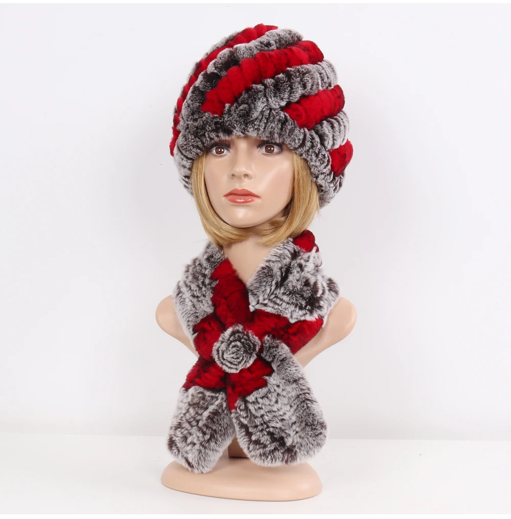 Winter Women Knitted Real Rex Rabbit Fur Hat Scarf Sets Natural Warm Fur Hats Scarves Lady Soft Real Rex Rabbit Fur Cap Muffler