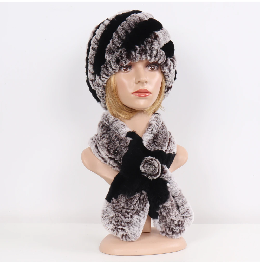 Winter Women Knitted Real Rex Rabbit Fur Hat Scarf Sets Natural Warm Fur Hats Scarves Lady Soft Real Rex Rabbit Fur Cap Muffler