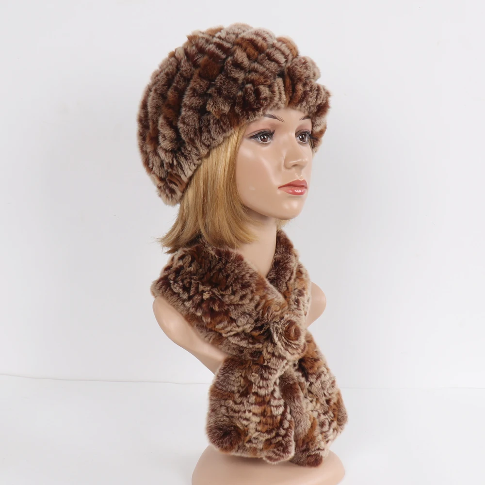 Winter Women Knitted Real Rex Rabbit Fur Hat Scarf Sets Natural Warm Fur Hats Scarves Lady Soft Real Rex Rabbit Fur Cap Muffler