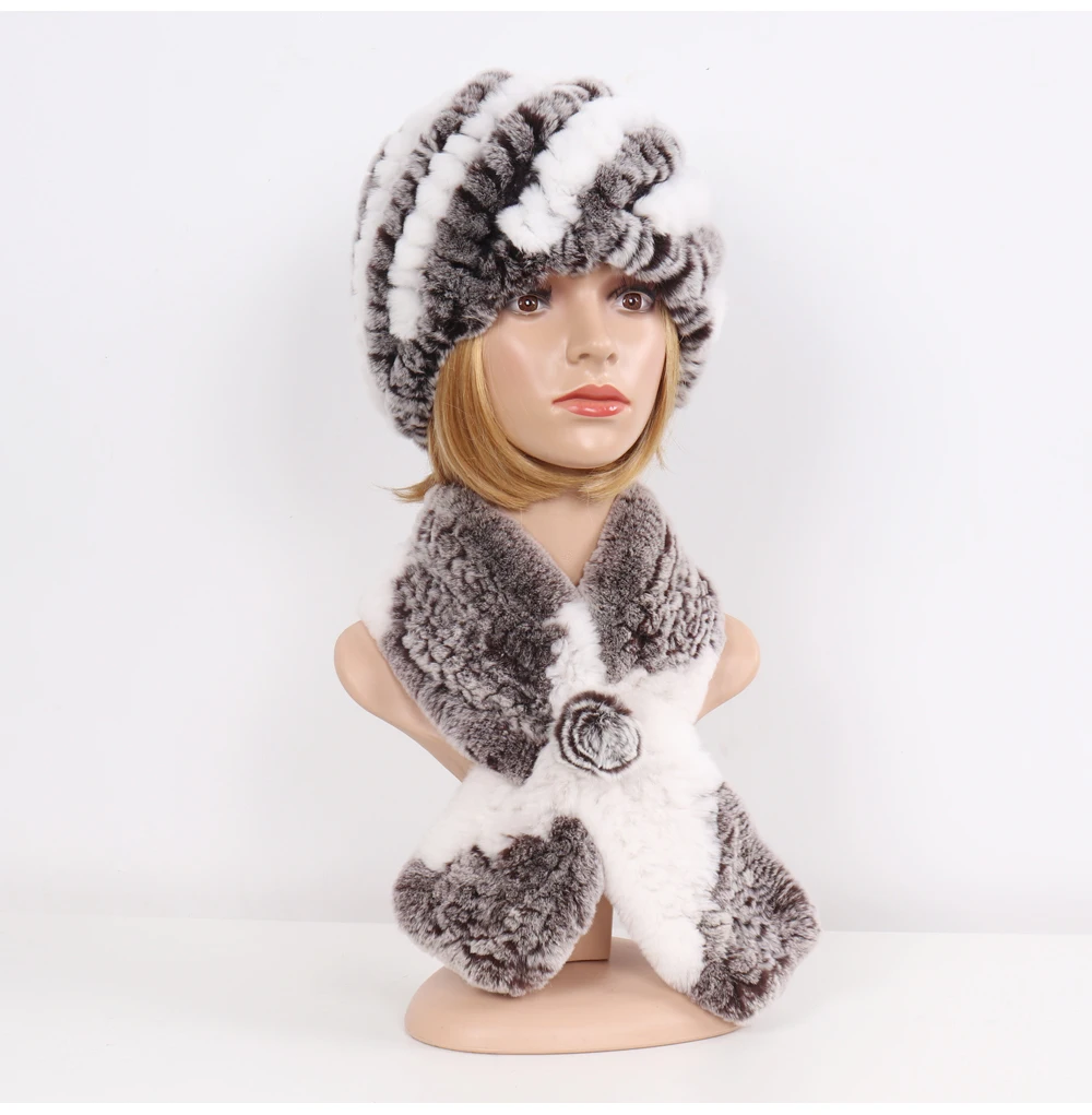 Winter Women Knitted Real Rex Rabbit Fur Hat Scarf Sets Natural Warm Fur Hats Scarves Lady Soft Real Rex Rabbit Fur Cap Muffler
