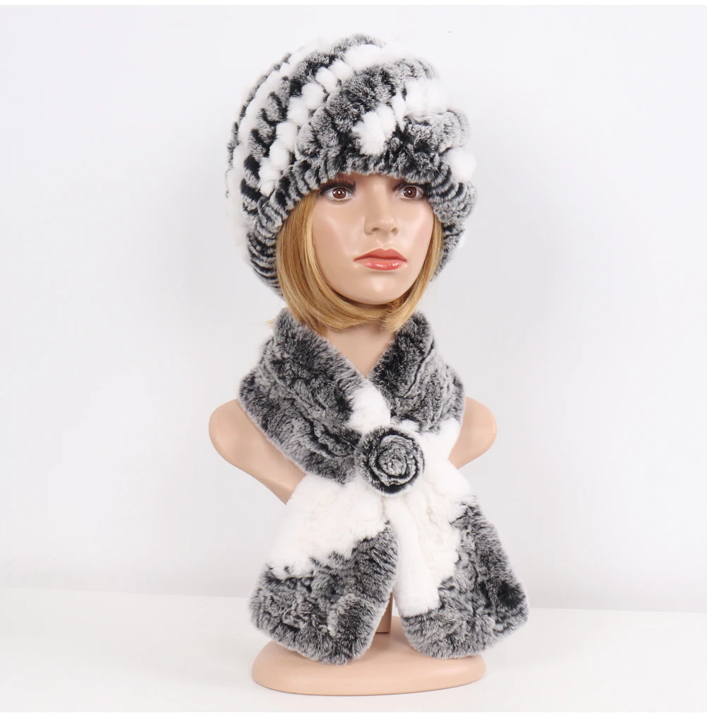 Winter Women Knitted Real Rex Rabbit Fur Hat Scarf Sets Natural Warm Fur Hats Scarves Lady Soft Real Rex Rabbit Fur Cap Muffler