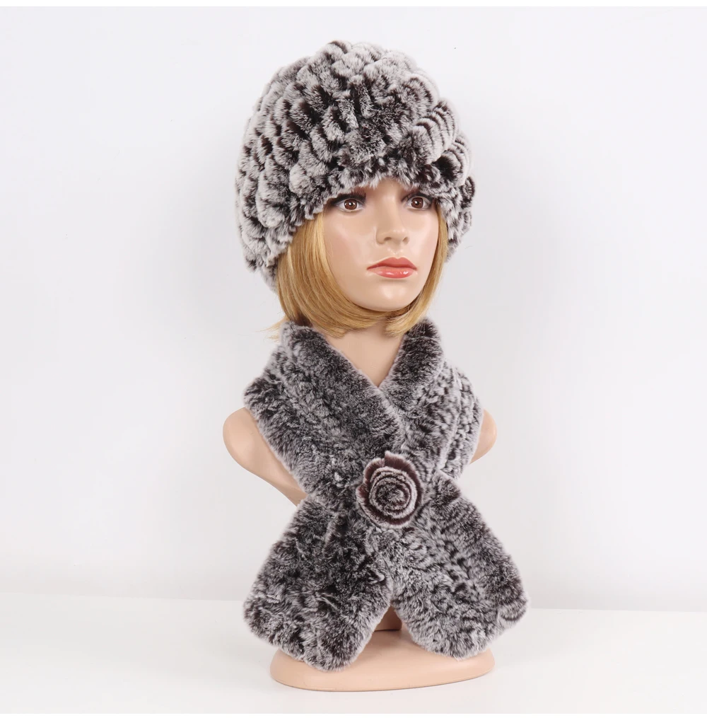 Winter Women Knitted Real Rex Rabbit Fur Hat Scarf Sets Natural Warm Fur Hats Scarves Lady Soft Real Rex Rabbit Fur Cap Muffler