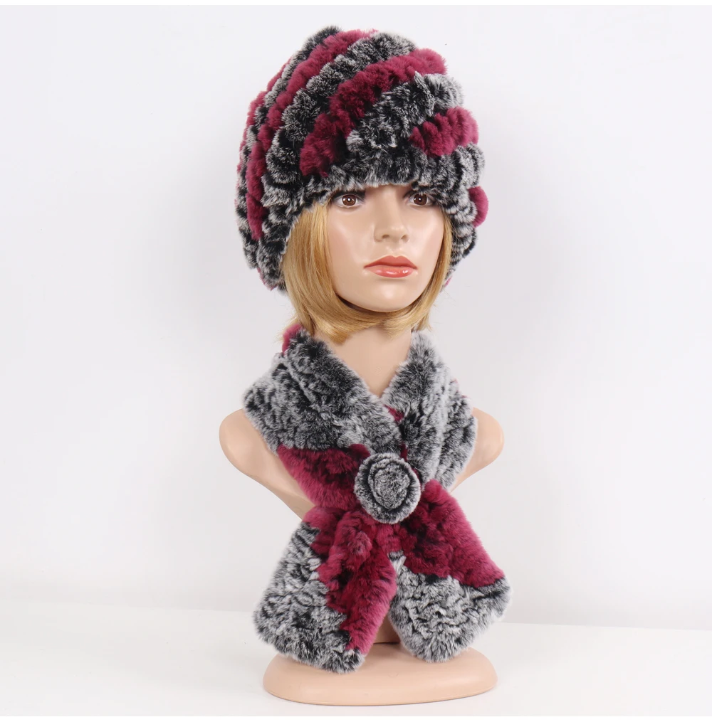 Winter Women Knitted Real Rex Rabbit Fur Hat Scarf Sets Natural Warm Fur Hats Scarves Lady Soft Real Rex Rabbit Fur Cap Muffler