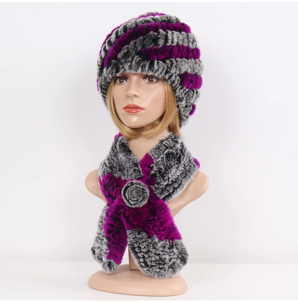 Winter Women Knitted Real Rex Rabbit Fur Hat Scarf Sets Natural Warm Fur Hats Scarves Lady Soft Real Rex Rabbit Fur Cap Muffler