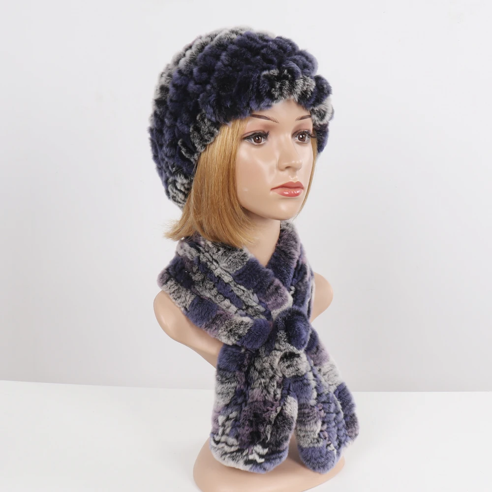 Winter Women Knitted Real Rex Rabbit Fur Hat Scarf Sets Natural Warm Fur Hats Scarves Lady Soft Real Rex Rabbit Fur Cap Muffler