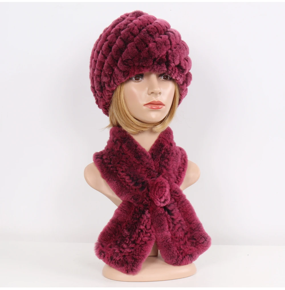 Winter Women Knitted Real Rex Rabbit Fur Hat Scarf Sets Natural Warm Fur Hats Scarves Lady Soft Real Rex Rabbit Fur Cap Muffler