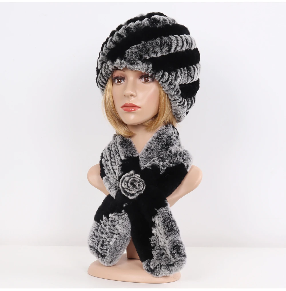 Winter Women Knitted Real Rex Rabbit Fur Hat Scarf Sets Natural Warm Fur Hats Scarves Lady Soft Real Rex Rabbit Fur Cap Muffler