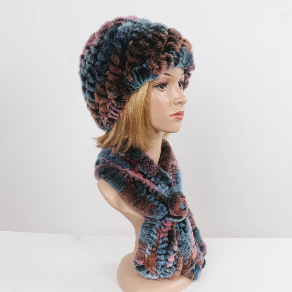 Winter Women Knitted Real Rex Rabbit Fur Hat Scarf Sets Natural Warm Fur Hats Scarves Lady Soft Real Rex Rabbit Fur Cap Muffler