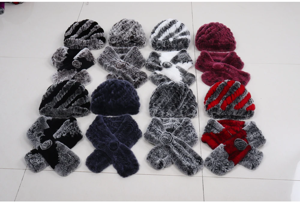 Winter Women Knitted Real Rex Rabbit Fur Hat Scarf Sets Natural Warm Fur Hats Scarves Lady Soft Real Rex Rabbit Fur Cap Muffler