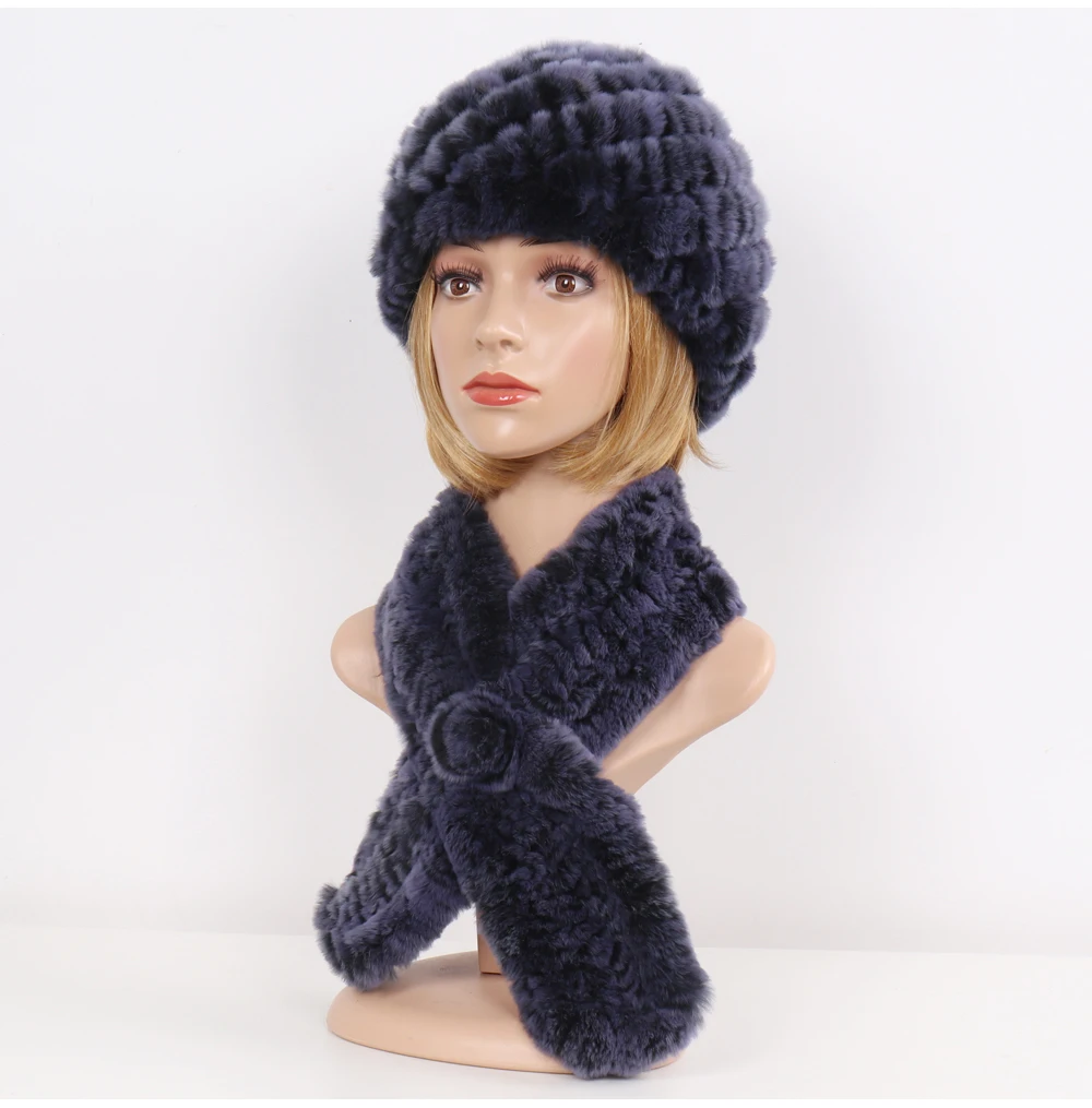 Winter Women Knitted Real Rex Rabbit Fur Hat Scarf Sets Natural Warm Fur Hats Scarves Lady Soft Real Rex Rabbit Fur Cap Muffler