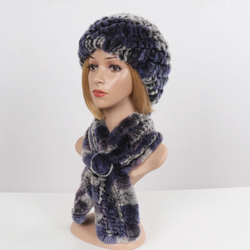 Winter Women Knitted Real Rex Rabbit Fur Hat Scarf Sets Natural Warm Fur Hats Scarves Lady Soft Real Rex Rabbit Fur Cap Muffler