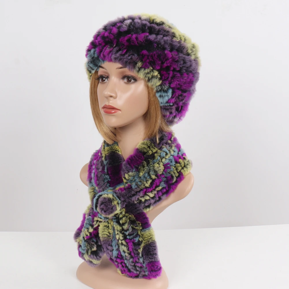 Winter Women Knitted Real Rex Rabbit Fur Hat Scarf Sets Natural Warm Fur Hats Scarves Lady Soft Real Rex Rabbit Fur Cap Muffler