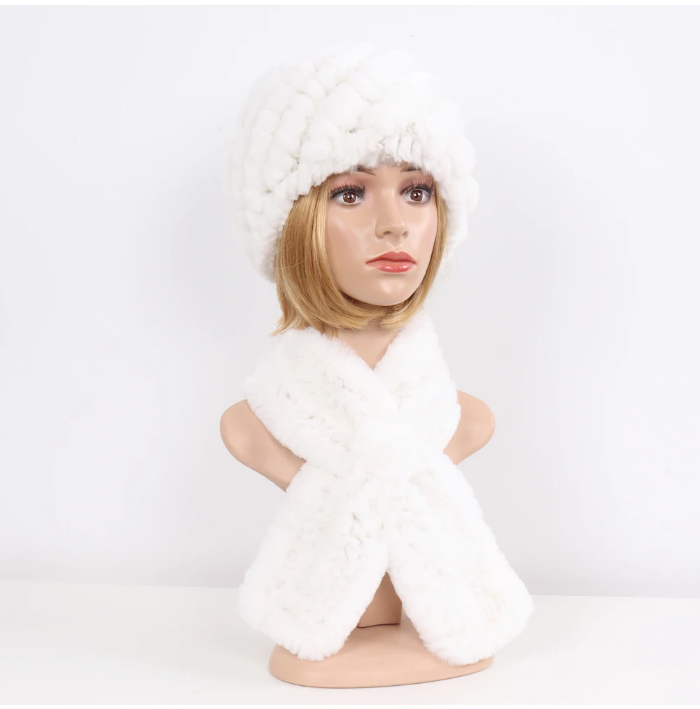 Winter Women Knitted Real Rex Rabbit Fur Hat Scarf Sets Natural Warm Fur Hats Scarves Lady Soft Real Rex Rabbit Fur Cap Muffler