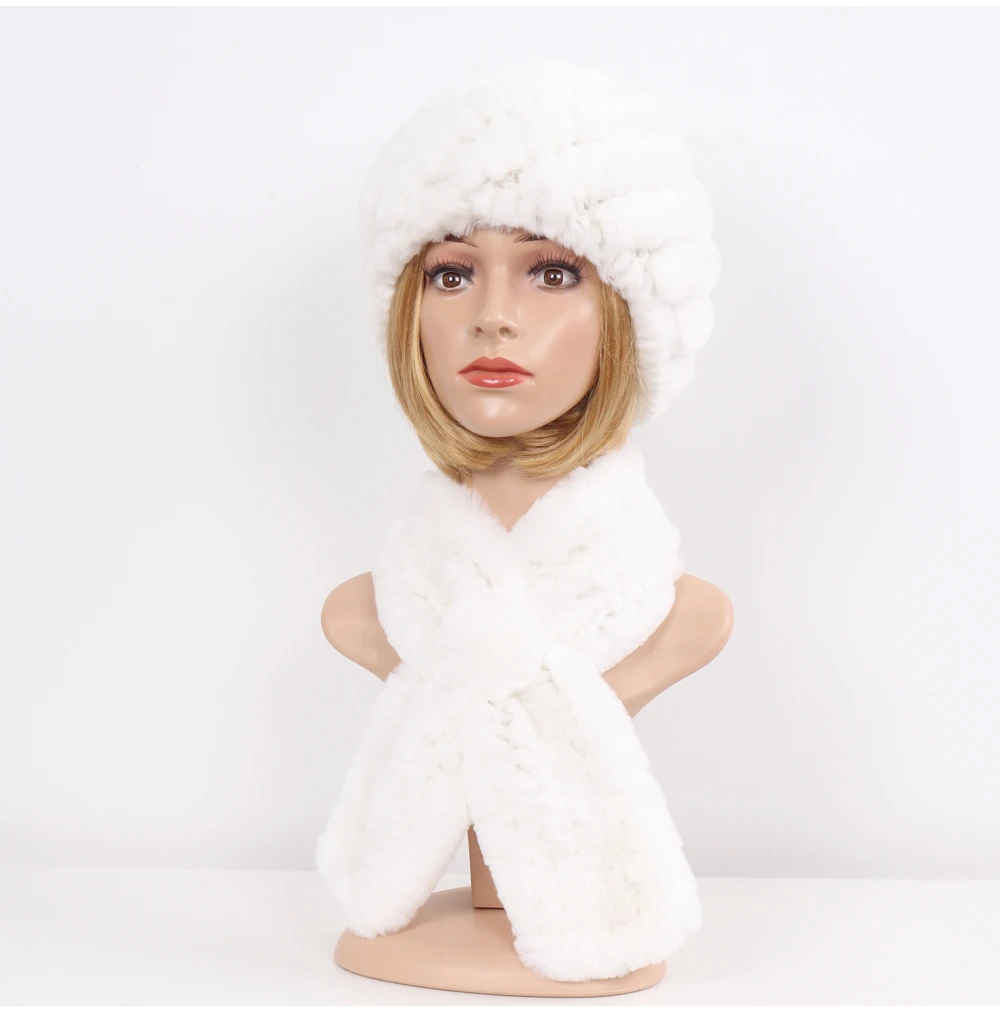 Winter Women Knitted Real Rex Rabbit Fur Hat Scarf Sets Natural Warm Fur Hats Scarves Lady Soft Real Rex Rabbit Fur Cap Muffler