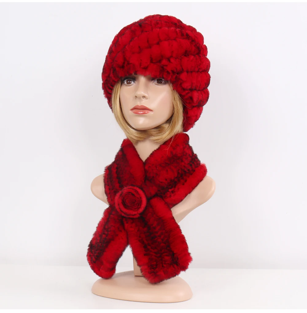 Winter Women Knitted Real Rex Rabbit Fur Hat Scarf Sets Natural Warm Fur Hats Scarves Lady Soft Real Rex Rabbit Fur Cap Muffler