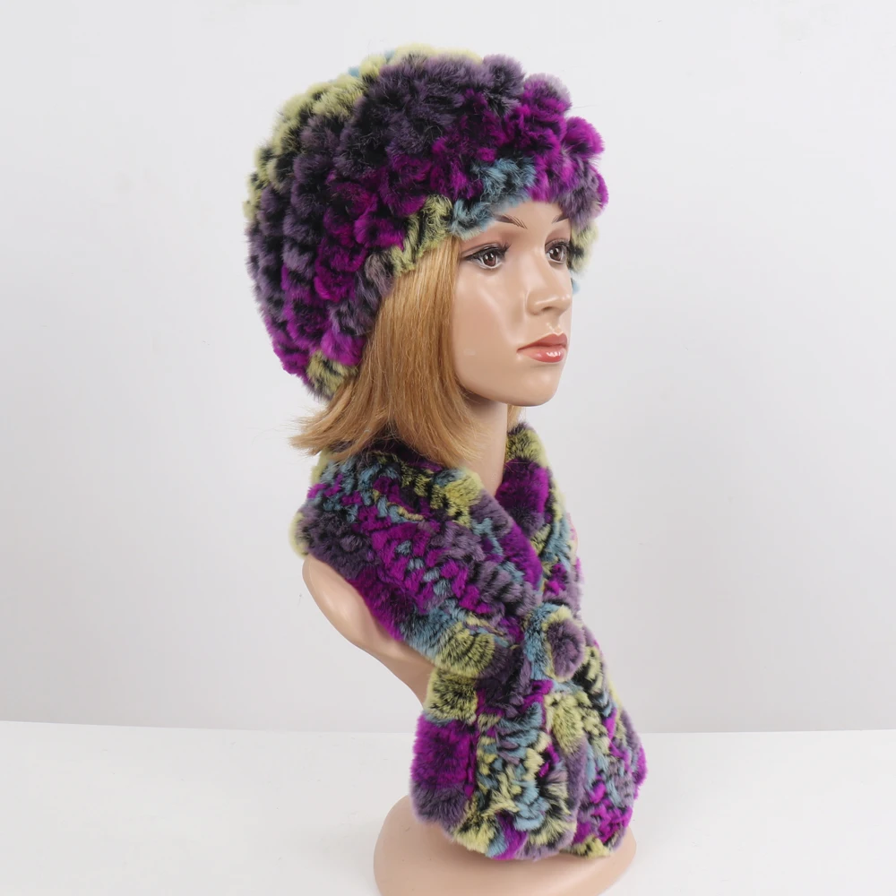 Winter Women Knitted Real Rex Rabbit Fur Hat Scarf Sets Natural Warm Fur Hats Scarves Lady Soft Real Rex Rabbit Fur Cap Muffler
