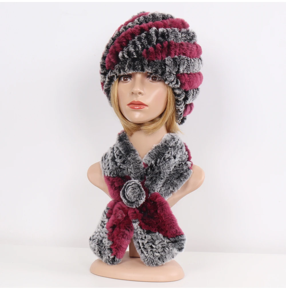 Winter Women Knitted Real Rex Rabbit Fur Hat Scarf Sets Natural Warm Fur Hats Scarves Lady Soft Real Rex Rabbit Fur Cap Muffler