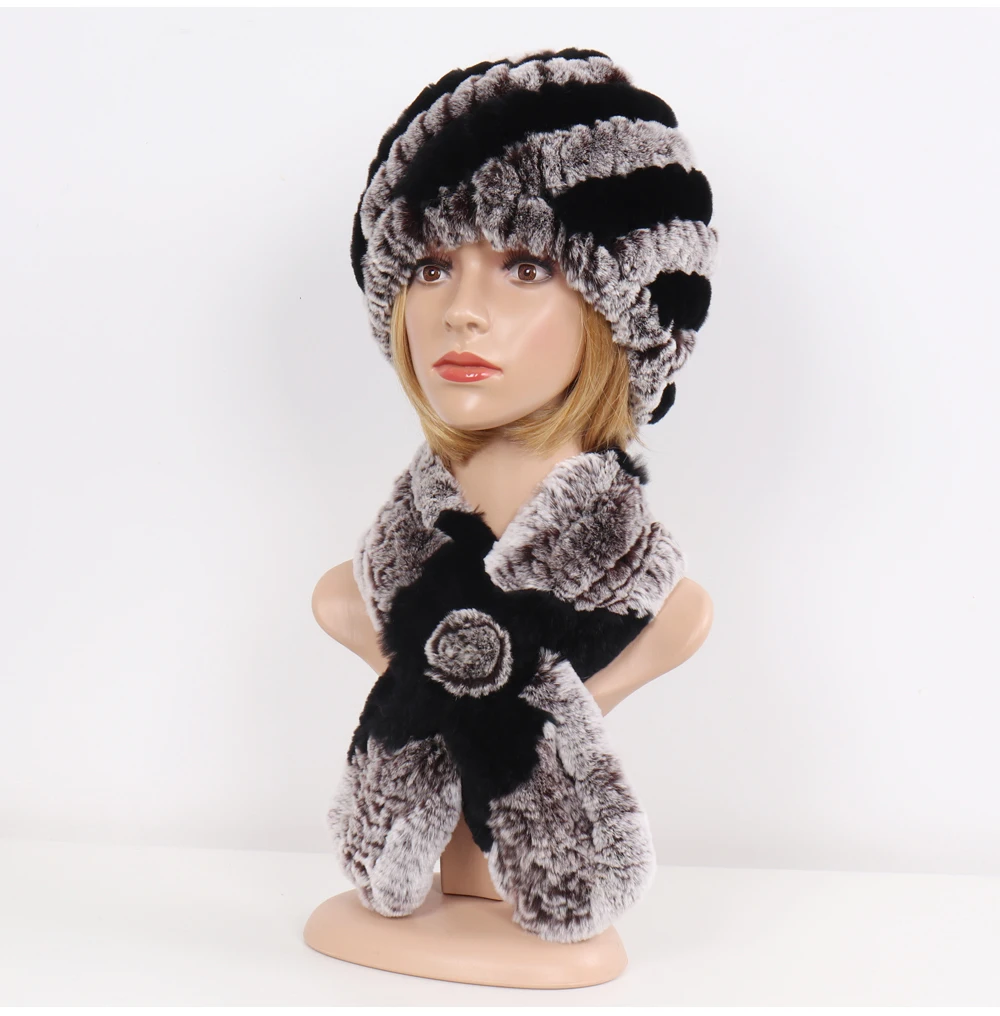 Winter Women Knitted Real Rex Rabbit Fur Hat Scarf Sets Natural Warm Fur Hats Scarves Lady Soft Real Rex Rabbit Fur Cap Muffler