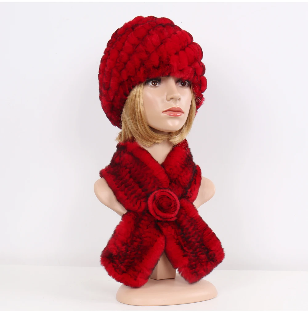 Winter Women Knitted Real Rex Rabbit Fur Hat Scarf Sets Natural Warm Fur Hats Scarves Lady Soft Real Rex Rabbit Fur Cap Muffler