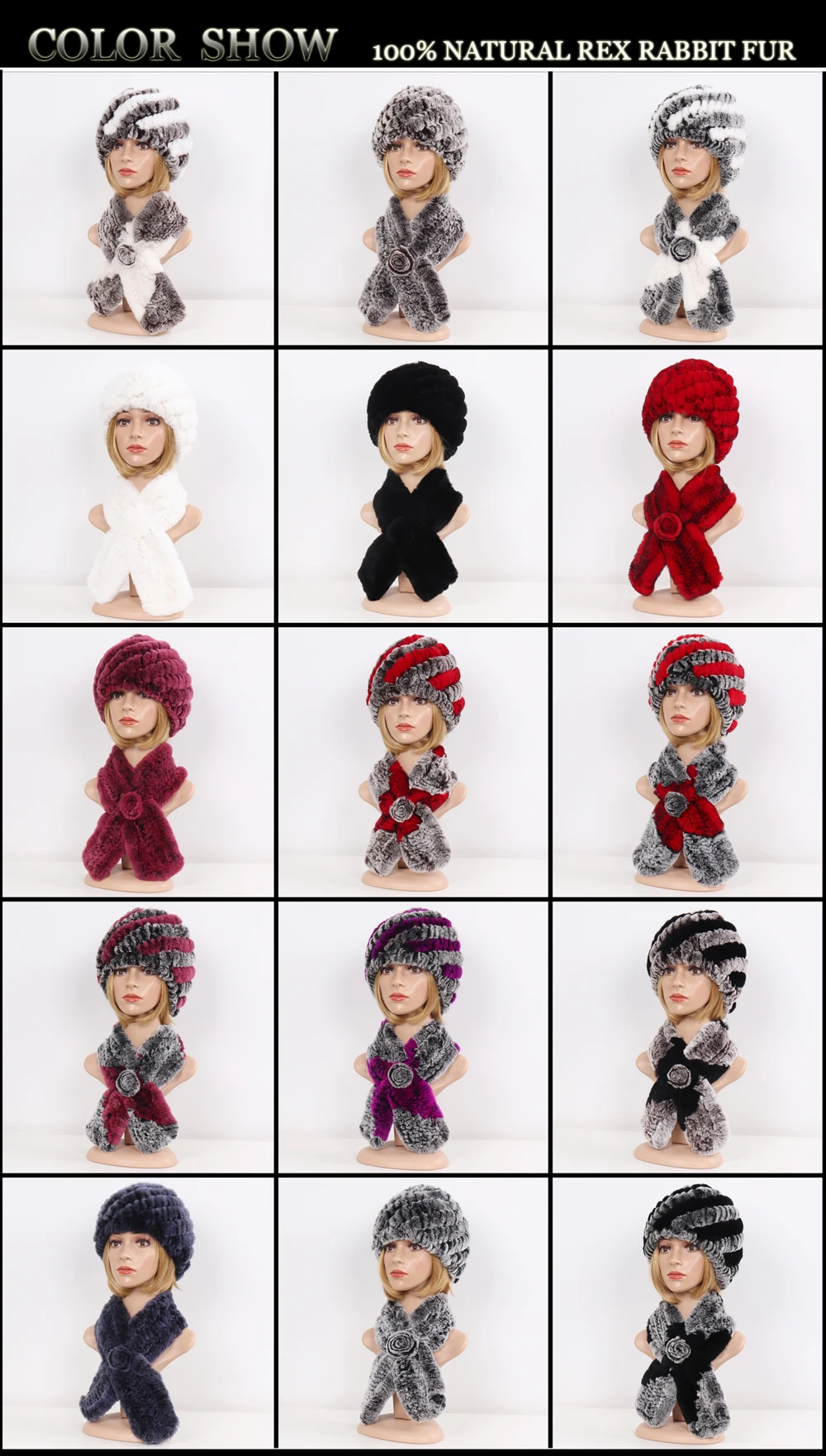 Winter Women Knitted Real Rex Rabbit Fur Hat Scarf Sets Natural Warm Fur Hats Scarves Lady Soft Real Rex Rabbit Fur Cap Muffler