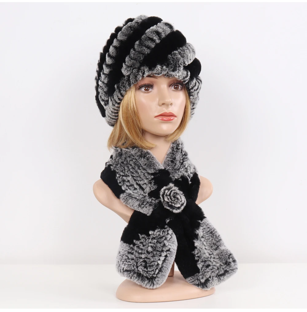 Winter Women Knitted Real Rex Rabbit Fur Hat Scarf Sets Natural Warm Fur Hats Scarves Lady Soft Real Rex Rabbit Fur Cap Muffler