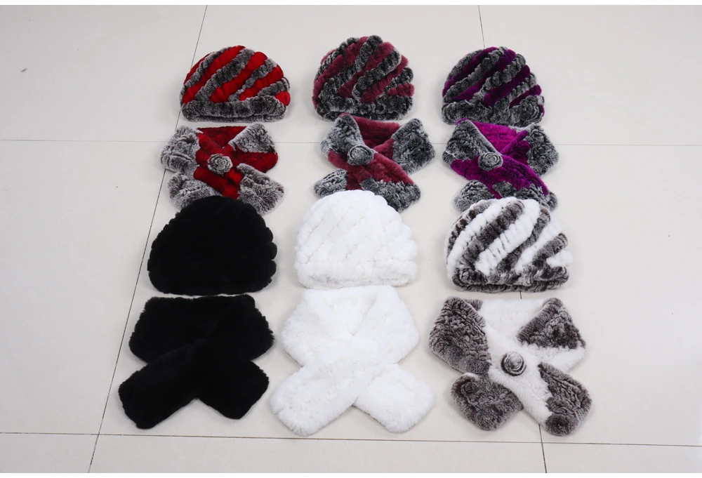 Winter Women Knitted Real Rex Rabbit Fur Hat Scarf Sets Natural Warm Fur Hats Scarves Lady Soft Real Rex Rabbit Fur Cap Muffler