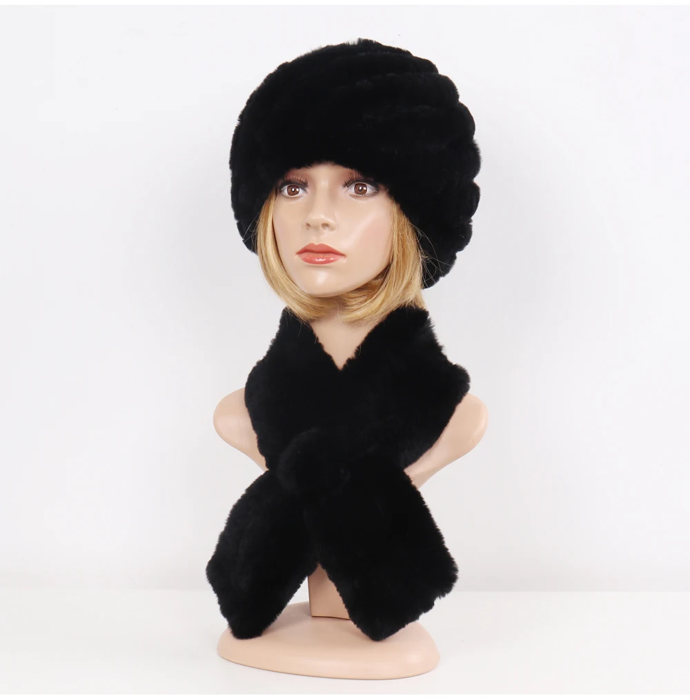 Winter Women Knitted Real Rex Rabbit Fur Hat Scarf Sets Natural Warm Fur Hats Scarves Lady Soft Real Rex Rabbit Fur Cap Muffler