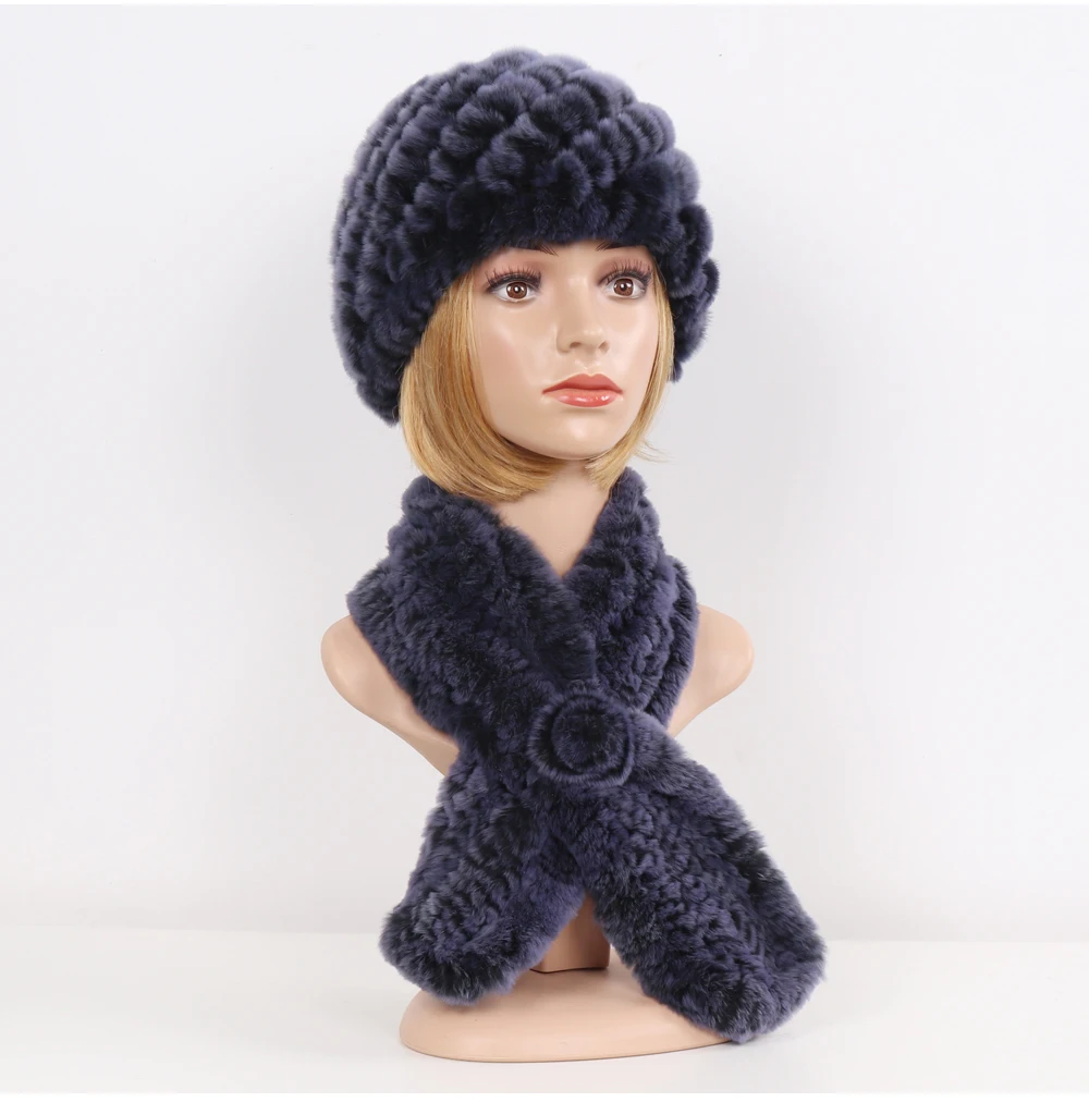Winter Women Knitted Real Rex Rabbit Fur Hat Scarf Sets Natural Warm Fur Hats Scarves Lady Soft Real Rex Rabbit Fur Cap Muffler