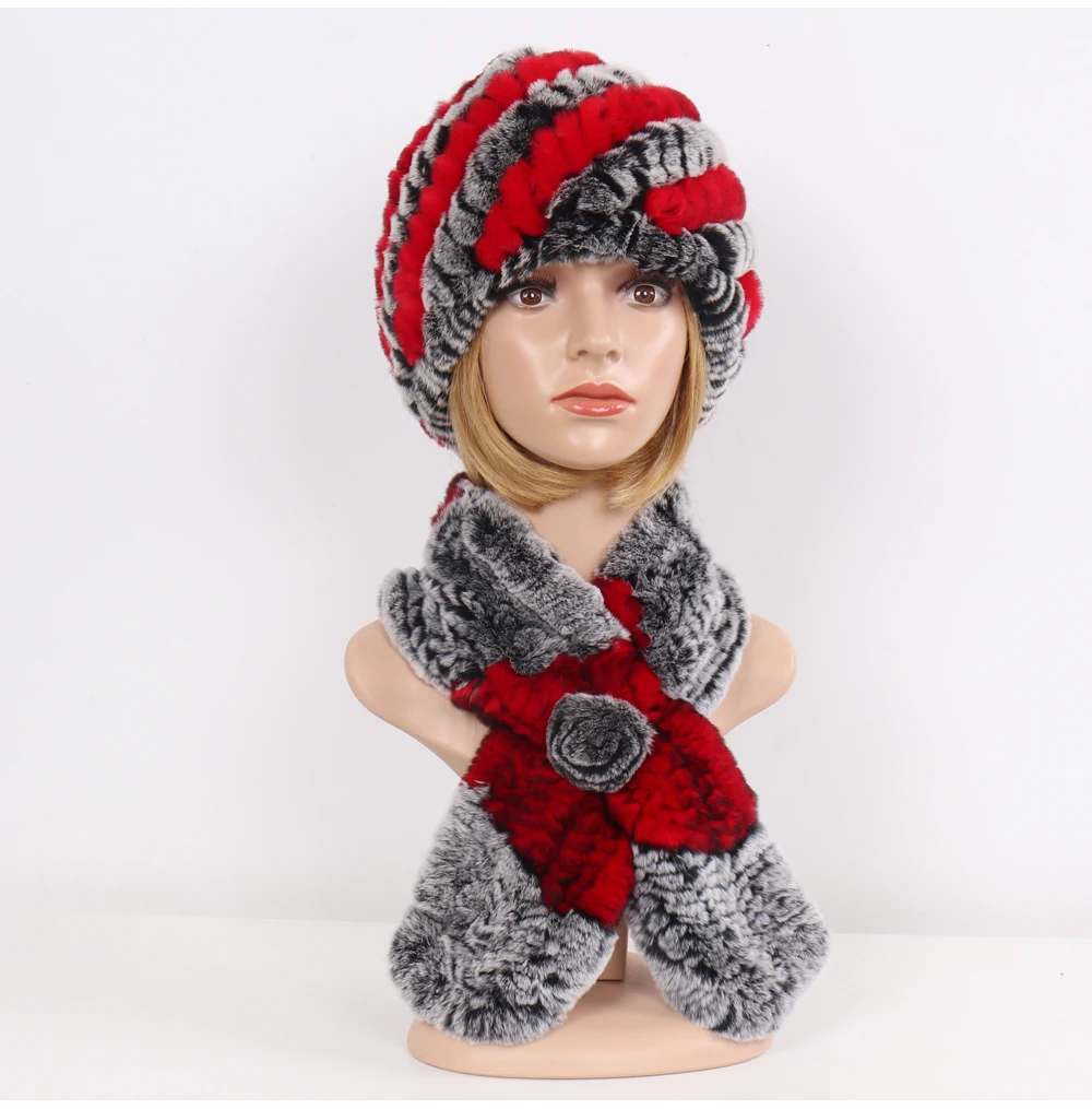 Winter Women Knitted Real Rex Rabbit Fur Hat Scarf Sets Natural Warm Fur Hats Scarves Lady Soft Real Rex Rabbit Fur Cap Muffler