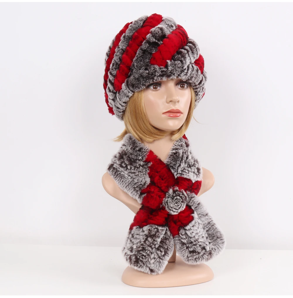 Winter Women Knitted Real Rex Rabbit Fur Hat Scarf Sets Natural Warm Fur Hats Scarves Lady Soft Real Rex Rabbit Fur Cap Muffler