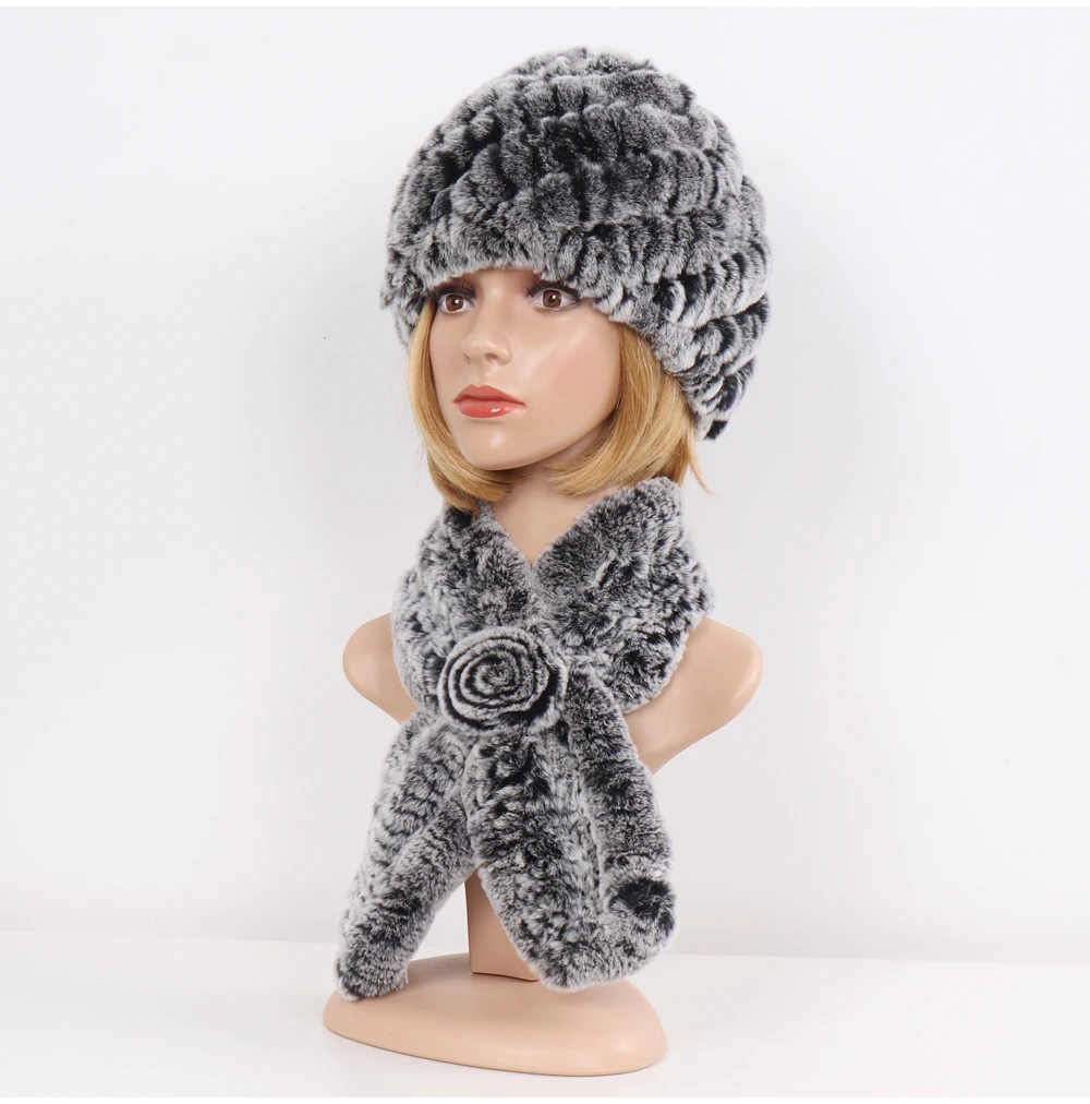 Winter Women Knitted Real Rex Rabbit Fur Hat Scarf Sets Natural Warm Fur Hats Scarves Lady Soft Real Rex Rabbit Fur Cap Muffler