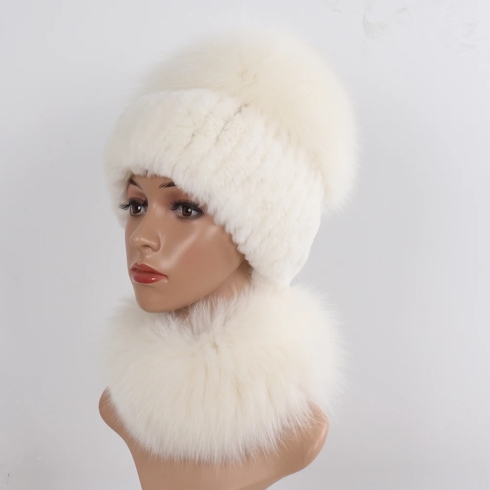New Winter Women Luxury Real Fox Fur Hat Scarf Sets Natural Soft Knitted Warm Rex Rabbit Fur Top Fox Fur Hats Scarves 2 Pieces