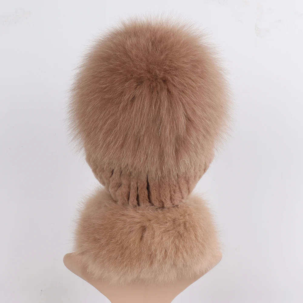 New Winter Women Luxury Real Fox Fur Hat Scarf Sets Natural Soft Knitted Warm Rex Rabbit Fur Top Fox Fur Hats Scarves 2 Pieces