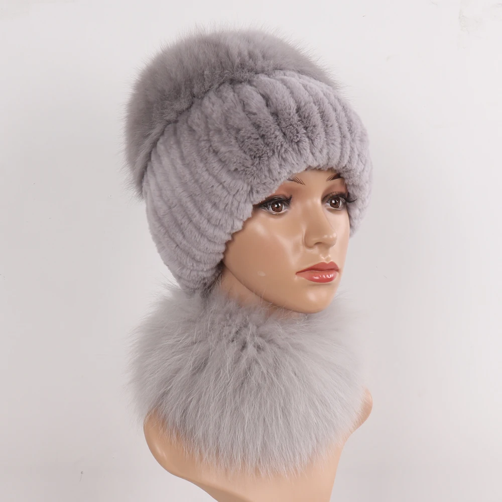 New Winter Women Luxury Real Fox Fur Hat Scarf Sets Natural Soft Knitted Warm Rex Rabbit Fur Top Fox Fur Hats Scarves 2 Pieces