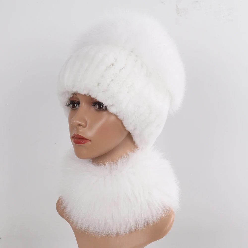 New Winter Women Luxury Real Fox Fur Hat Scarf Sets Natural Soft Knitted Warm Rex Rabbit Fur Top Fox Fur Hats Scarves 2 Pieces