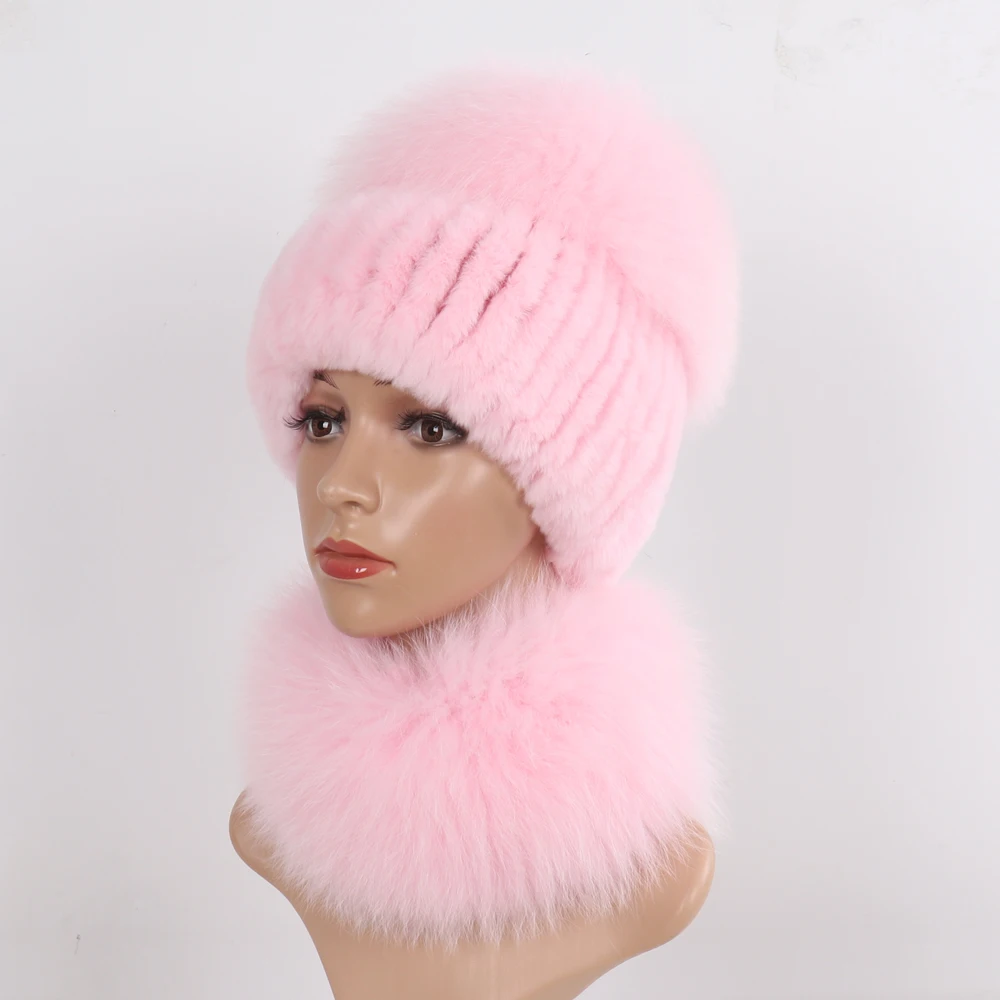 New Winter Women Luxury Real Fox Fur Hat Scarf Sets Natural Soft Knitted Warm Rex Rabbit Fur Top Fox Fur Hats Scarves 2 Pieces